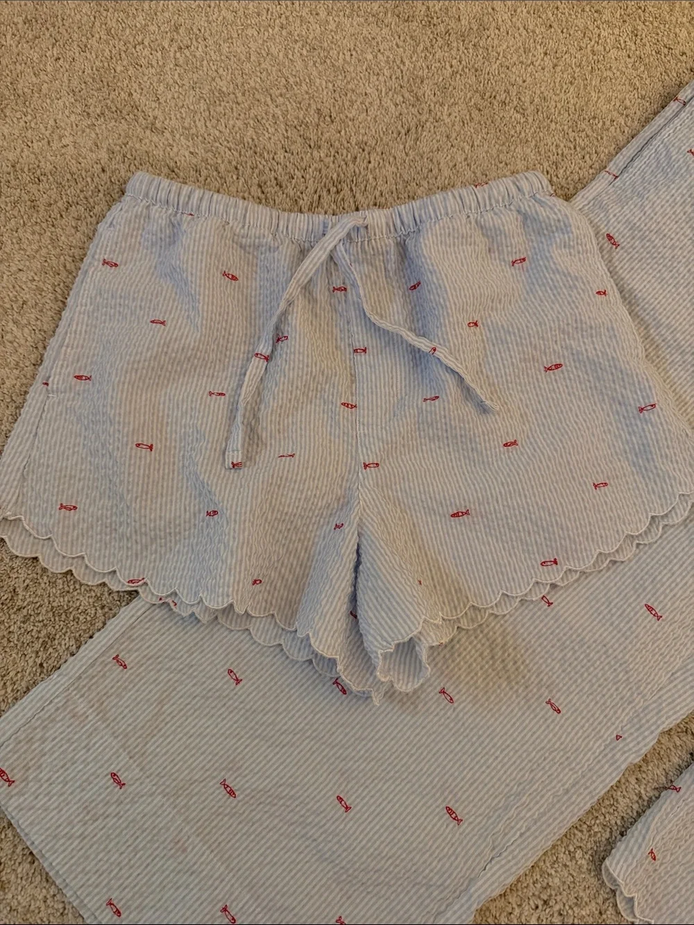 3 piece Auden Light Blue Pajama Set with Red Fish Embroidery